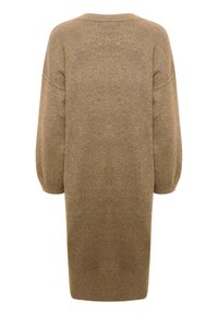 Abito maglione marrone oversize con maniche lunghe e voluminose e una finitura morbida e strutturata. La vista posteriore mostra un design semplice e fluido.