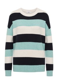 Sweter w paski wykonany z mieszanki bawełny w jasnoniebieskim, ciemnoniebieskim i kremowym kolorze. Posiada okrągły dekolt oraz ściągacze przy mankietach i u dołu.