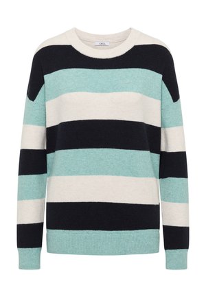 Gestreepte trui in een katoenmix met lichtblauwe, donkerblauwe en crème kleuren. Heeft een ronde hals en ribgebreide manchetten en zoom.