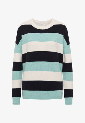Stribet sweater i en bomuldsblanding med lys blå, mørkeblå og cremefarver. Har en rund halsudskæring samt ribbede cuff og kant.