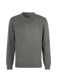 Grauer, langärmeliger Pullover aus weichem Strickstoff. Hat einen Rundhalsausschnitt und gerippte Bündchen sowie einen Saum für eine bequeme Passform.