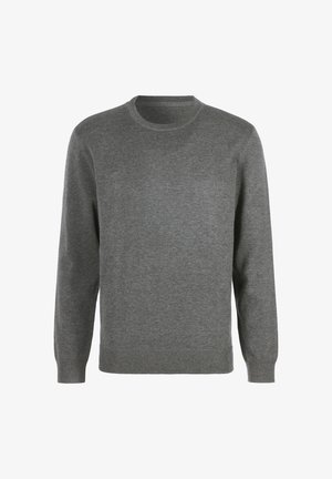 Gray, long-sleeve sweater made of soft knit fabric. Features a crew neckline and ribbed cuffs and hem for a snug fit.