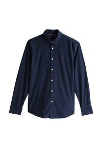 Camicia blu navy a maniche lunghe con bottoni, realizzata in tessuto liscio, dotata di colletto, bottoni bianchi e un piccolo logo sul lato sinistro del petto.