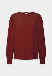 Rostfarbene Bluse mit langen Ärmeln und rundem Ausschnitt, gerafften Ärmeln und einer Schlüsselloch-Verschluss hinten. Glattes, leichtes Material mit lockerer Passform.
