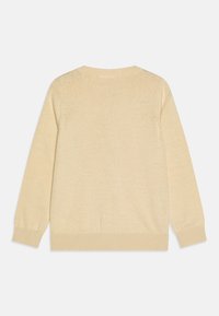 Beige strikkegenser med rund hals, lange ermer og ribbestrikkede mansjetter. Glatt tekstur og minimalistisk design uten mønstre eller accenter.