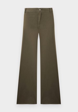 Ελιάς πράσινο παντελόνι με φαρδιά πόδια και ψηλή μέση, κλείσιμο με κουμπί και φερμουάρ, εμπρόσθιες τσέπες και θηλιές για ζώνη.