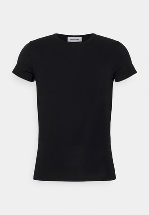 T-shirt nera a maniche corte con scollo tondo e etichetta "WEEKDAY" all'interno del colletto posteriore, mostrata su uno sfondo bianco semplice.