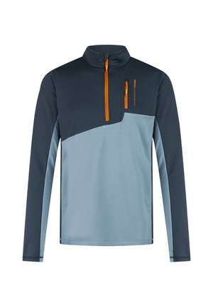 Outdoor trui met lange mouwen, donkerblauw bovenstuk, lichtblauw onderstuk, oranje kwart ritssluiting en rits op de borstzak aan de rechterkant.