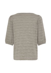 Blouse à manches courtes avec encolure carrée dans un motif à carreaux taupe et blanc, vue de dos sur fond blanc.