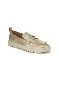 Metallic gold slip-on shoe with a rounded toe, minimalist design, white ridged rubber sole, and stitched leather detailing across the upper.