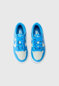 Blue leather sneakers with mesh texture, featuring a light blue toe box, perforations, and white rubber sole. Nike logo on the tongue.