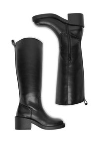 Mustad nahast põlveni ulatuvad saapad plokktallaga, külgse tõmblukuga ja siledapinnalise tekstuuriga. Ülaosas on tõmbenööp, mis hõlbustab jalga panemist.