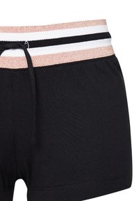 Black shorts with a soft texture, featuring a contrasting waistband with pink, black, and white stripes and a drawstring closure.