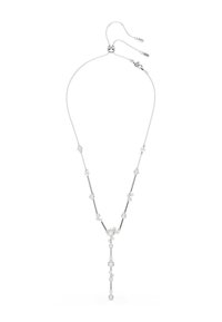 Silberne Halskette mit abwechselnden geometrischen und floralen Formen, die mit Zirkonia-Akzenten verziert ist und an der Mitte einen Tropfenanhänger aufweist.