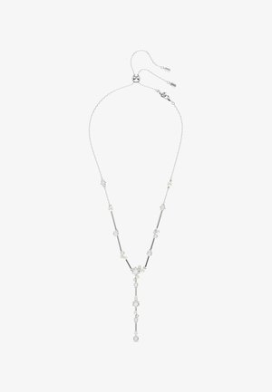 Collier en argent avec des formes géométriques et florales alternées, mettant en avant des accents en zircon cubique et un pendentif tombant au centre.