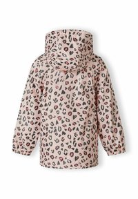 Lättviktsregnjacka med huood, med rosa bakgrund och leopardmönster i svart och rosa. Elastiska ärmslut och avslappnad passform. Vattenavvisande material.