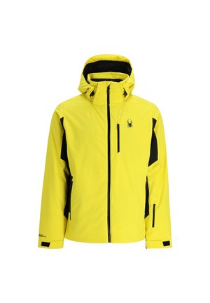 Gelbe wasserdichte Jacke mit Kapuze, schwarzen Akzenten, Reißverschlusstaschen und einem Logo auf der Vorderseite. Verfügt über ein schlankes, isoliertes Design.