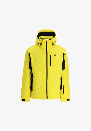 Gelbe wasserdichte Jacke mit Kapuze, schwarzen Akzenten, Reißverschlusstaschen und einem Logo auf der Vorderseite. Verfügt über ein schlankes, isoliertes Design.