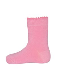 Pink cotton sock with a ribbed texture and scalloped top edge, featuring a solid color design and a soft finish.