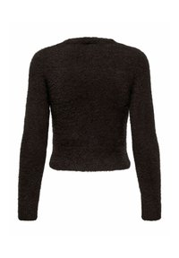 Dark brown cropped sweater, fuzzy texture, long sleeves, and a round neckline. No visible fastenings or embellishments.