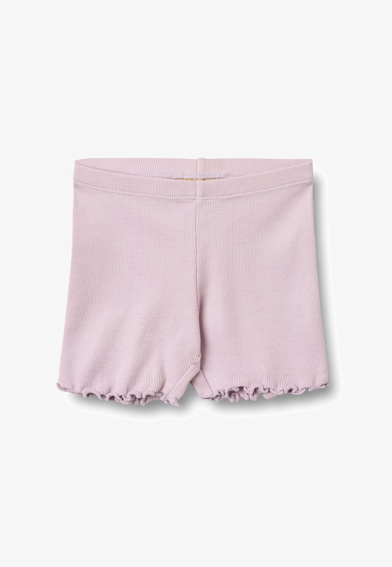Shorts tricotés côtelés violet clair pour tout-petits avec taille élastique et ourlets à volants sur les jambes, posés à plat sur fond blanc.