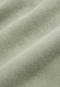 Gaiši zaļa auduma ar mīkstu, teksturētu virsmu un smalku elastību, ar smalku, vienmērīgu adījumu un gludu apdari.