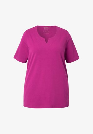 Fuksjowa koszulka z krótkim rękawem wykonana z miękkiej bawełny, z okrągłym dekoltem z małym wycięciem oraz luźnym krojem.
