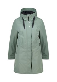 Waterdichte, hooded jas in een gedempt groen. Voorzien van zwarte ritsen, verstelbare trekkoorden en twee zijzakken met rits.