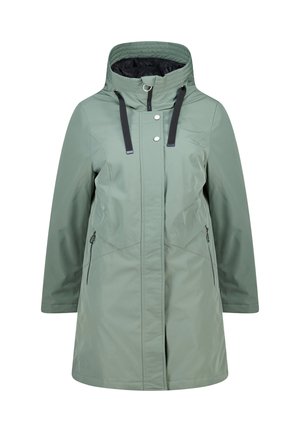 Waterdichte, hooded jas in een gedempt groen. Voorzien van zwarte ritsen, verstelbare trekkoorden en twee zijzakken met rits.