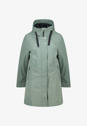 Veste à capuche résistante à l'eau en vert discret. Dotée de fermetures éclair noires, de cordons de serrage réglables et de deux poches latérales à fermeture éclair.