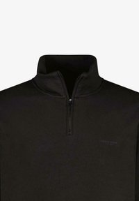 Zwarte pullover met een hoge kraag en kwart-rits ontwerp. Heeft een zachte textuur en een subtiele logo-afdruk op de borst.