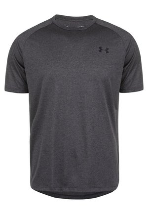Sportowa ciemnoszara koszulka z krótkim rękawem, z okrągłym dekoltem i małym czarnym logo Under Armour na lewej piersi.