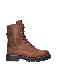 Bruine lederen veterschoenen met een gestructureerde afwerking, contrasterende zwarte rubberen zool en metalen oogjes. Voorzien van een gevoerde kraag voor comfort.