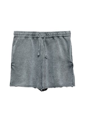 Grijze badstof shorts met elastische tailleband en trekkoord, voorzien van zijzakken en een onafgewerkte zoom.