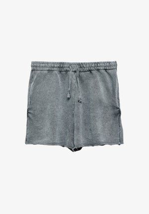 Grijze badstof shorts met elastische tailleband en trekkoord, voorzien van zijzakken en een onafgewerkte zoom.