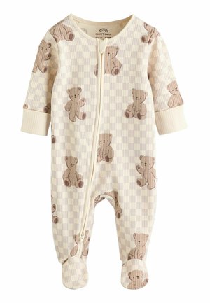 Kopalni onesie za dojenčke iz bombaža v pastelni karirasti vzorčni, z odtisi rjavih medvedkov, dolgimi rokavi, popolnim zadrgo in nogavicami.
