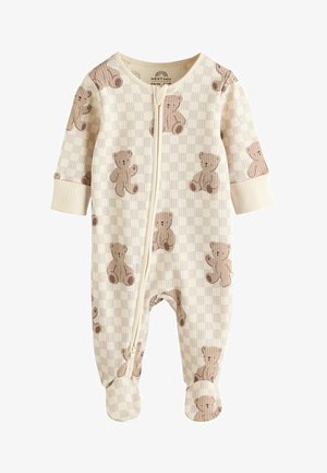Bambus onesie til baby i pastelfarvet ternet mønster, med brune bamsetrykte, lange ærmer, fuld lynlås og fødder.