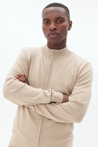 Bežs džemperis ar rāvējslēdzēju, augstu apkakli, ribotām piedurknēm un mīkstu tekstūru. Tam ir gluda virsma un brīvs piegriezums.