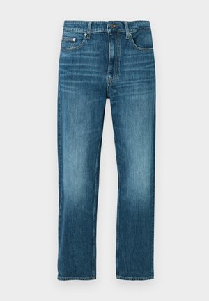 Blå denimjeans med lige ben, der har en falmet vask, diskret whiskering og klassisk fem-lomme design.