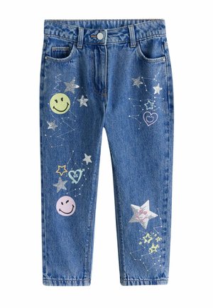 Blue denim jeans featuring multicolored smiley faces, stars, and hearts with sparkly accents, classic five-pocket design, straight leg fit.