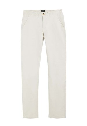 Light beige cotton trousers with a straight fit, front pockets, a button closure, and a folded hem. Smooth texture and minimal detailing.