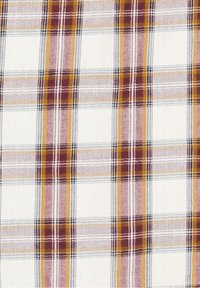 Tejido de cuadros con un patrón de tartán que presenta líneas blancas, amarillas, marrones y grises. Fondo texturizado con un acabado suave.