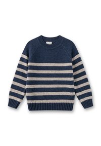 Marineblauer Pullover mit cremefarbenen und dunkelblauen horizontalen Streifen, geripptem Rundhalsausschnitt und Bündchen, gestrickter Textur und normaler Passform.