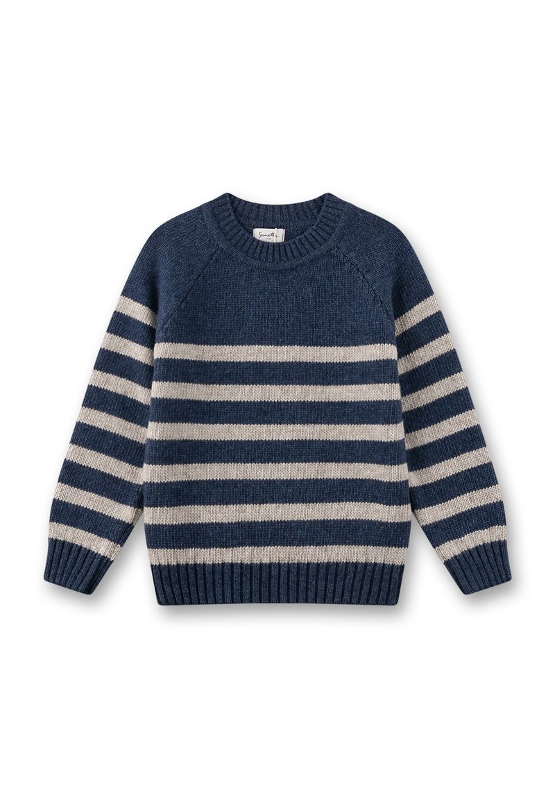Marineblauer Pullover mit cremefarbenen und dunkelblauen horizontalen Streifen, geripptem Rundhalsausschnitt und Bündchen, gestrickter Textur und normaler Passform.