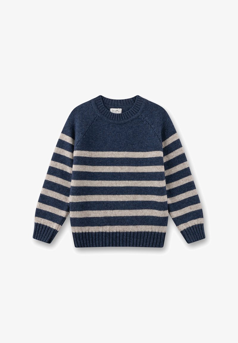 Marineblauer Pullover mit cremefarbenen und dunkelblauen horizontalen Streifen, geripptem Rundhalsausschnitt und Bündchen, gestrickter Textur und normaler Passform.