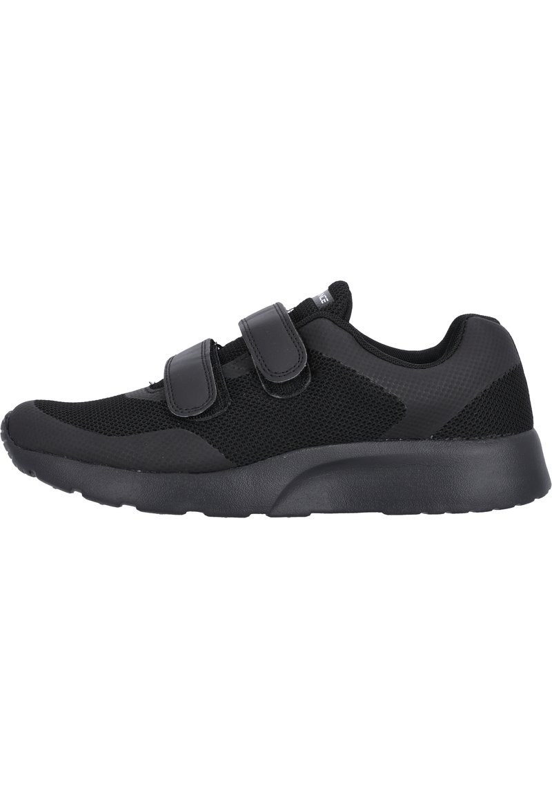 Sorte atletiske sko med mesh-overdel, to justerbare velcrostropper, polstret krave og struktureret gummisål. Minimalistisk design.