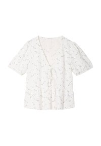 Blouse blanche à manches courtes avec un décolleté en V profond, détail de cordon de serrage et petit motif floral, offrant une coupe décontractée et un ourlet peplum.