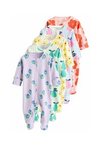 Viis puuvillast beebide magamiskombinesooni erinevates värvides ja mustrites: lilleline sirel, pirnipuu roheline, kollane lillemuster, triibuline roosa ja punaste lillede mustriga.