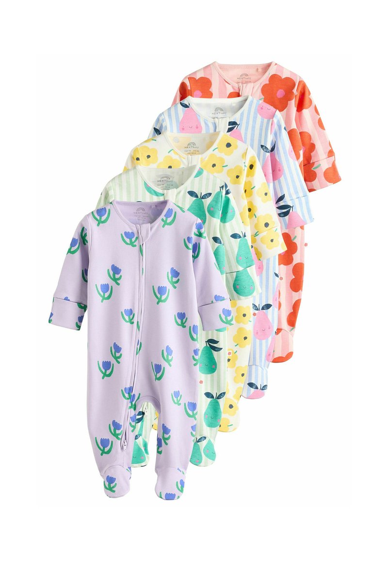 Viis puuvillast beebide magamiskombinesooni erinevates värvides ja mustrites: lilleline sirel, pirnipuu roheline, kollane lillemuster, triibuline roosa ja punaste lillede mustriga.