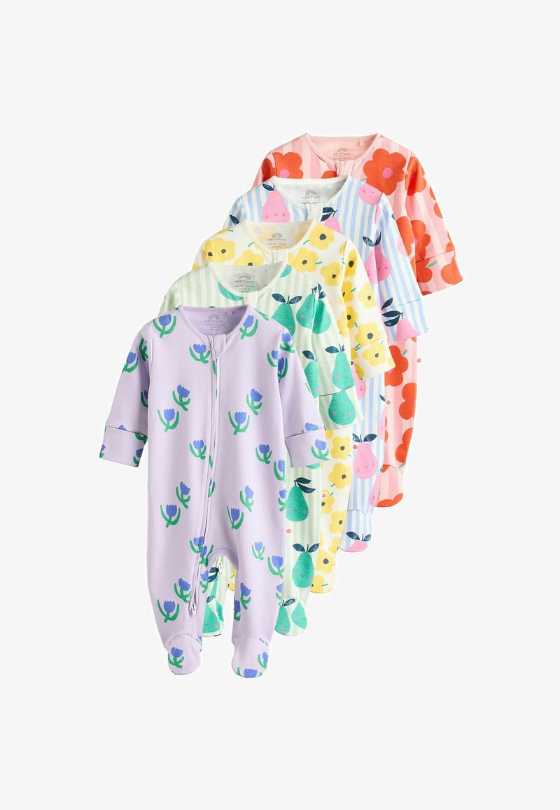 Viis puuvillast beebide magamiskombinesooni erinevates värvides ja mustrites: lilleline sirel, pirnipuu roheline, kollane lillemuster, triibuline roosa ja punaste lillede mustriga.